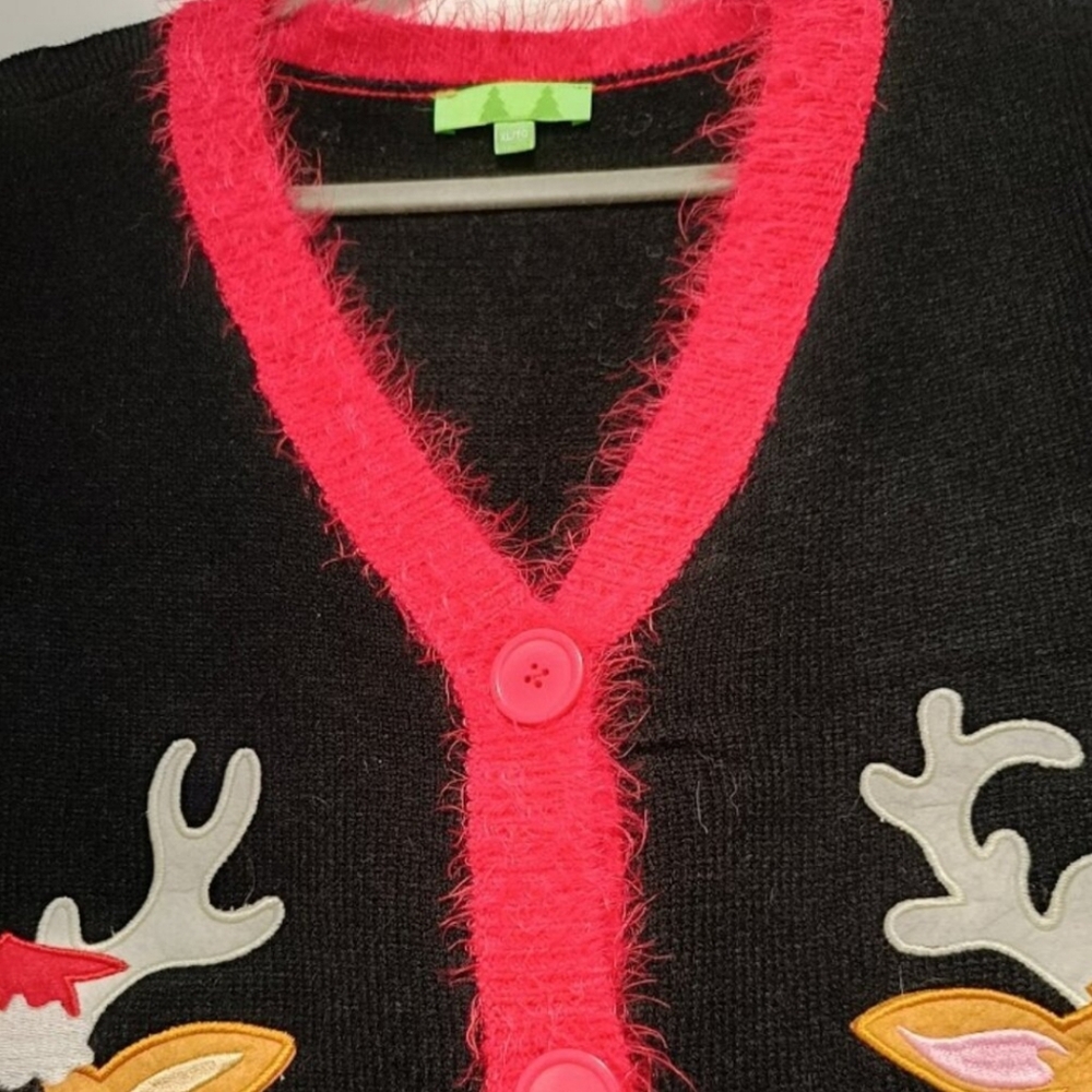XL🎅Christmas Ugly Charming Reindeer Black & Red Cardigan Sweater - Picture 7 of 7